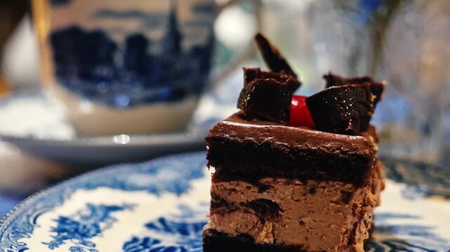 Chocolate cake slice resting on vintage blue porcelain plate, indoor cafe tea time environment, restaurant menu and food blog marketing