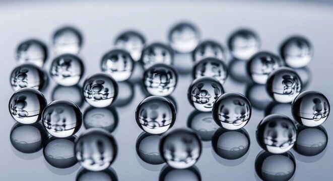 A shiny silver metal faucet pours into a glass of water next to an isolated metallic ball and construction hardware like a steel nut, screw, and bolt on a white 3d abstract background