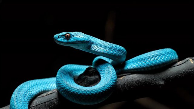 Striking Blue Snake Coiled on a Branch Against a Black Background.