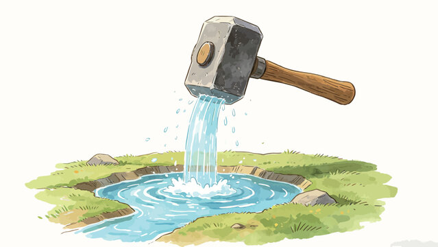 Surreal Watercolor Illustration of a Giant Oversized Stonehead Hammer Hovering Over a Small Grass-Lined Water Pool, With Fresh Clear Water Flowing Steadily From the Hammer Head Into the Pond