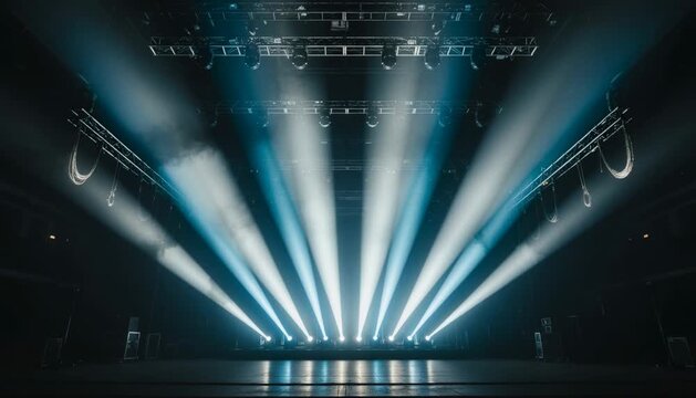 Dramatic stage lighting in dark concert venue with powerful spotlights cutting through haze and empty scene
