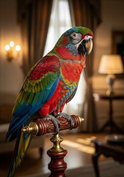 Colorful Macaw Perched On Wooden Stand in Elegant Interior Scene