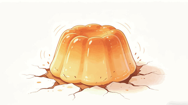 A Comically Oversized, Ultra-Solid Golden Caramel Jelly That Crashed Through a Cracked Plain Surface, Shown Trembling After Impact in a Cute Whimsical Illustration Style