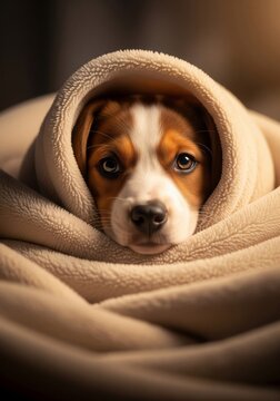 Close up of Brown and White Puppy Wrapped in Cream Blanket
