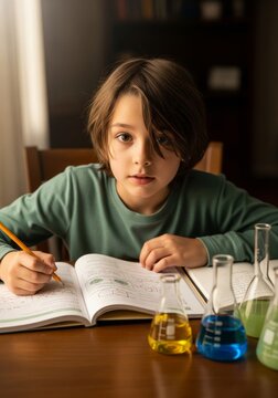 Boy Studying Science Writing in Workbook at Wooden Table Indoors
