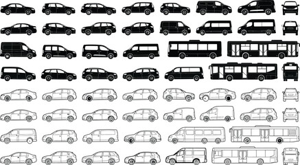 Black white vector vehicle set, cars vans minibuses and city buses, side view CAD line art and silhouette styles for transport traffic urban mobility and logistics design © PrimePixel Co