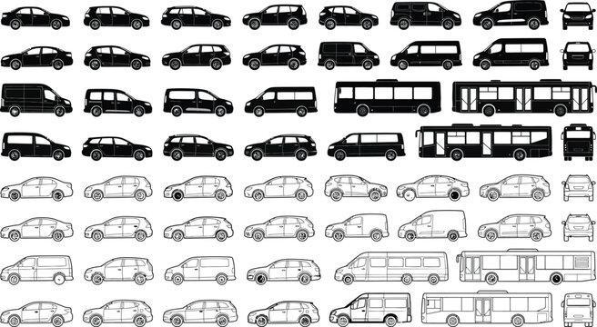 Black white vector vehicle set, cars vans minibuses and city buses, side view CAD line art and silhouette styles for transport traffic urban mobility and logistics design