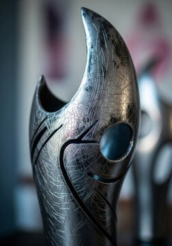 Close up Silver Metal Ornament Sculpture with Intricate Etching
