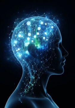 Digital Profile Silhouette with Glowing Blue Brain and Neural