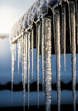 Icicles Hanging from a Snowy Roof in Winter Sunlight