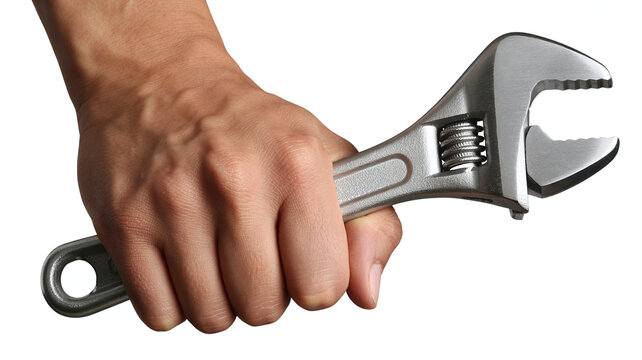 Adjustable wrench held by male hand, steel spanner tool for plumbing and repair, mechanic hand holding metal monkey wrench on white background