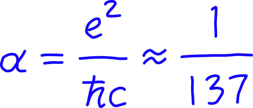 Fine structure constant formula handwritten in blue showing alpha equals e squared over h c approximately one over 137. Physics equation on white background.