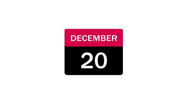Modern Minimalist Flat Design Calendar Icon Showing the Date December 20th with Red Header and Black Background