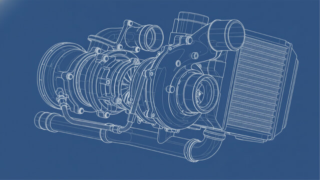 Blueprint illustration of a turbocharger and intercooler system