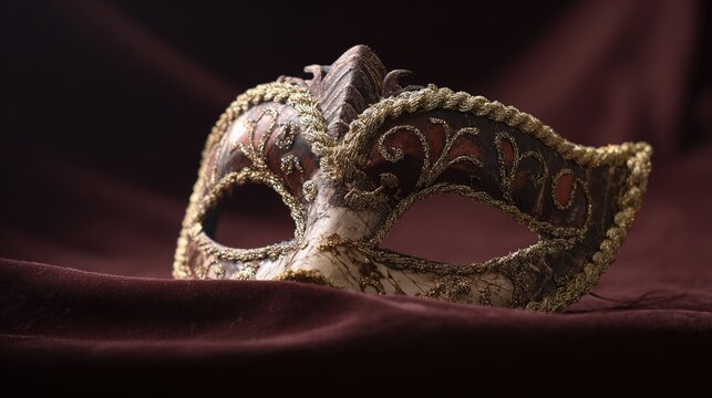 amrit. Ornate Venetian mask resting on dark velvet fabric, soft light highlighting its decorative details. event programs, museum guides, designed for cultural heritage projects and event programs.