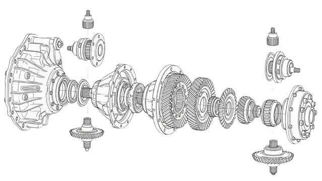 Exploded view of automotive differential and drivetrain components diagram