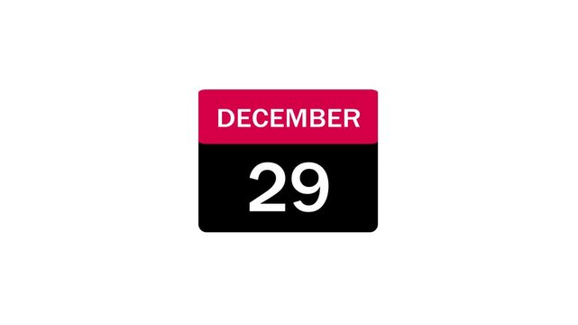 A clean, minimalist calendar icon representing December 29th, featuring a bold red top header and black body with white numbers, isolated on a plain white background.