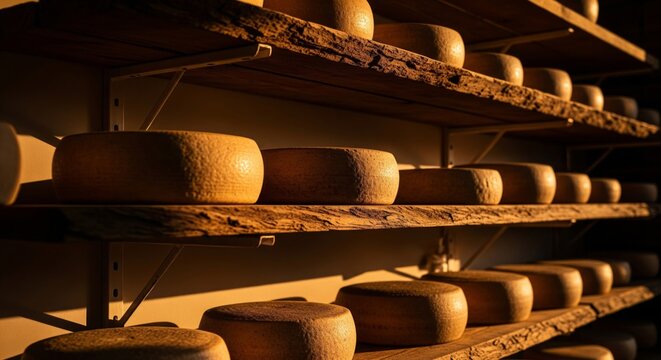 Rows of Cheese Wheels on Wooden Shelves in Golden Light