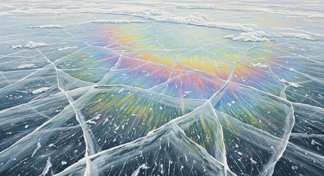 Cracked Ice Surface with Rainbow Reflection on Frozen Lake