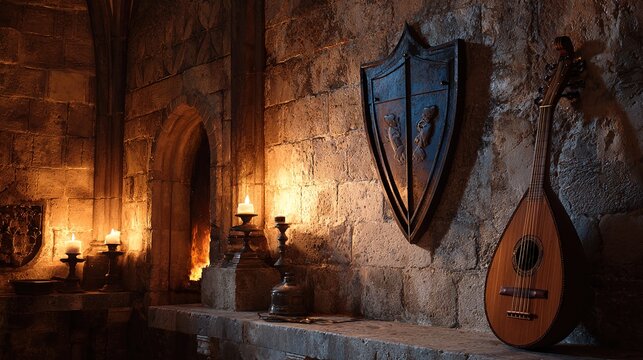 mandolin. Medieval hall corner with a shield and mandolin lit by firelight. event programs, museum guides, designed for cultural heritage projects and event programs, preserves heritage.