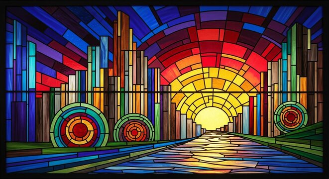 Abstract Stained Glass View of Metropolis Cityscape at Sunset
