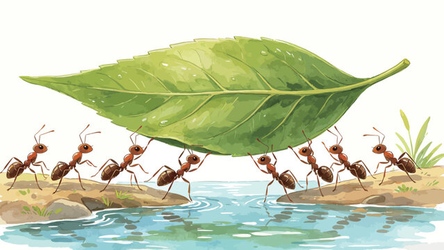 Teamwork of Red Ants Carrying a Large Green Leaf Across a Stream to Build a Bridge, Watercolor Illustration of Collective Animal Cooperation in Nature