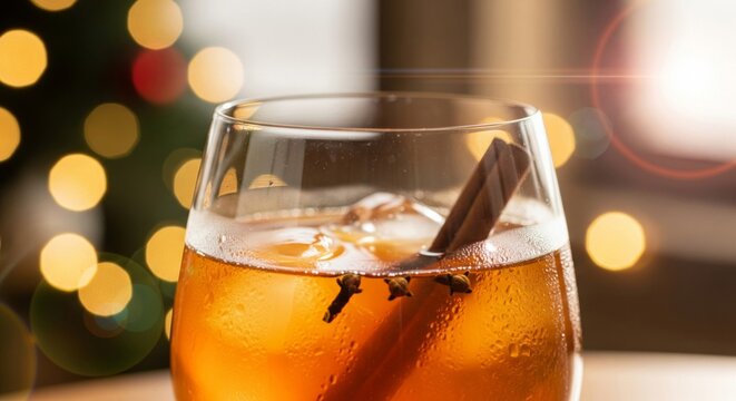 Festive Amber Drink with Cinnamon Stick in Glass Close Up