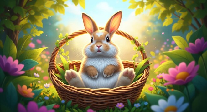 Brown Rabbit Sitting in Woven Basket Surrounded by Colorful Flowers