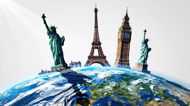 The Statue of Liberty and Eiffel Tower stand on a globe with landmarks.