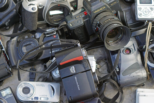 Many retro cameras technology for sale at flea market