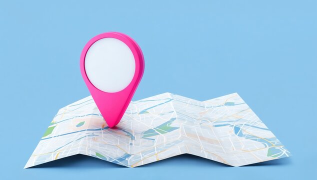 A folded map with a large pink location pin marker on it, set against a blue background.
