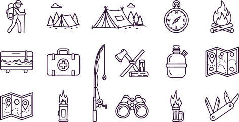 Camping hiking icons tent campfire compass map axe fishing rod binoculars Swiss knife equipment. © Sadhin