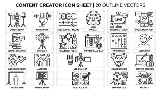 Content creator and social media influencer outline icon set, isolated on transparent background for vlogging