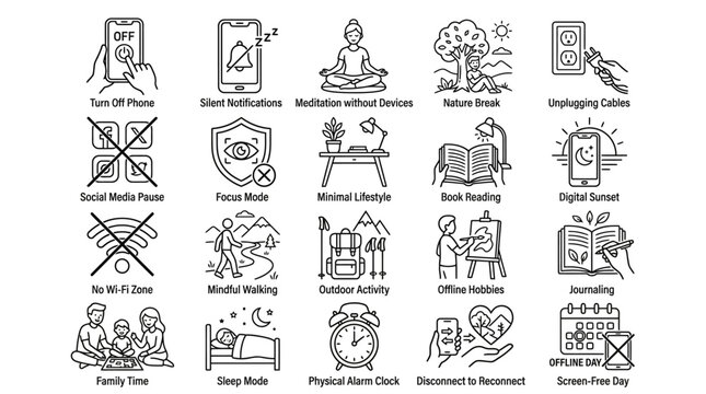 Digital detox and mindful living outline icon set isolated on transparent background for wellness and balance