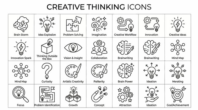 Creative thinking and brainstorming outline icon set isolated on transparent background for innovation concepts