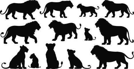 Lion silhouettes artwork, male lion, lioness, cubs, wildlife illustration © meftahul creatives