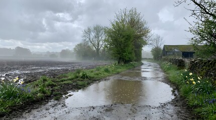 Naklejka premium Muddy country road with reflective puddles on a rainy spring day. Vibrant daffodils and bluebells bloom by a tilled field and rustic barn under an overcast sky, capturing tranquil early spring rural