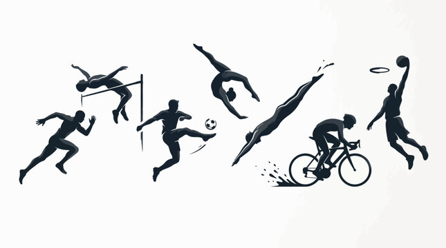 Diverse group of athletes silhouettes performing various sports including hurdling, soccer, diving, cycling, and basketball on an isolated white background.