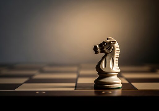 White Knight Chess Piece on Wooden Board with Dramatic Lighting
