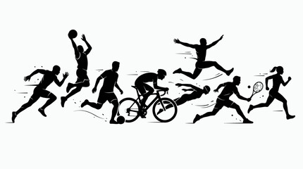 Diverse set of black sport silhouettes showcasing dynamic activities like basketball, running, cycling, jumping, and tennis on an isolated white background, symbolizing fitness and competition. © rofiq