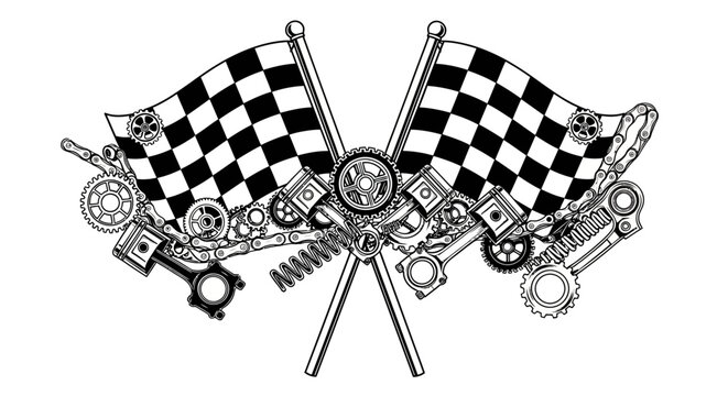Racing Flags with Motorcycle Engine Parts Mechanic Emblem isolated white background