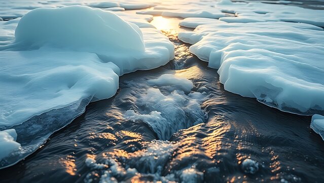 verglas. Landscape of a melting river breaking through ice in morning light. travel magazines, destination branding, designed for outdoor magazines and nature guides, drives exploration.