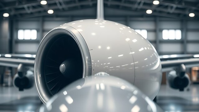 nacelle. Streamlined outer shell of aircraft engine nacelle reflecting hangar lights. mobility guides, transit brochures, designed for transport & logistics marketing, supports logistics messaging.