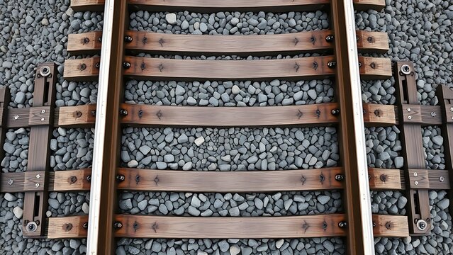 trackbed. Top-down view of railway sleepers and ballast stones in a geometric pattern. mobility guides, transit brochures, designed for mobility and urban transit guides, used by biotech researchers.