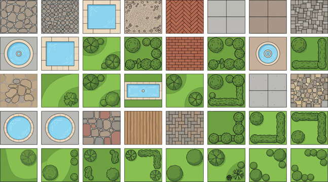 Vector CAD landscape architecture tile set, paving textures grass trees shrubs pools and site plan blocks for garden layouts, urban planning, and exterior design drawings