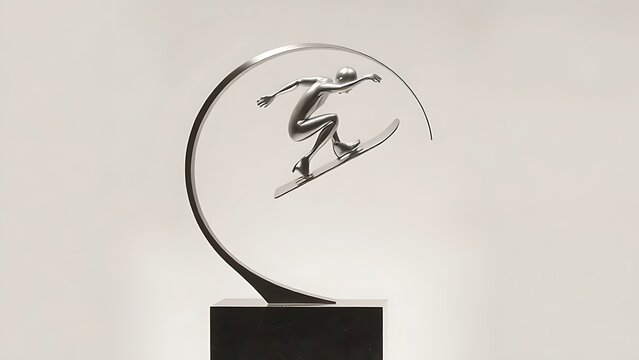 waterskier. Modern metal sculpture of a waterskier in mid-air jump, polished steel. event key visuals, club posters, designed for fitness apps and gym onboarding, supports training.
