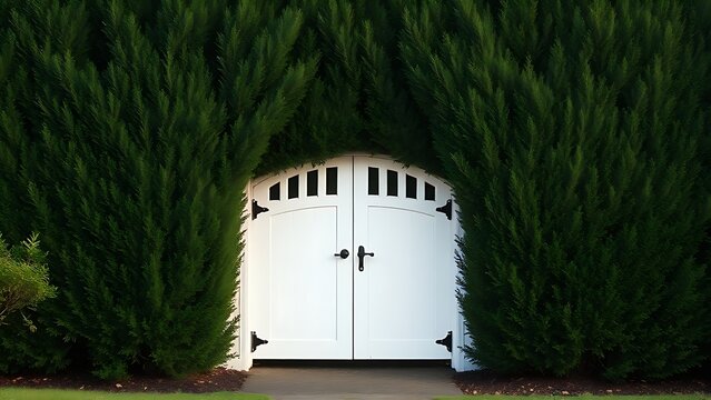 privet. White garden gate in front of a tall, dense privet hedge. real-estate listings, architecture portfolios, designed for interior renovation comparisons for interiors, highlights design details.