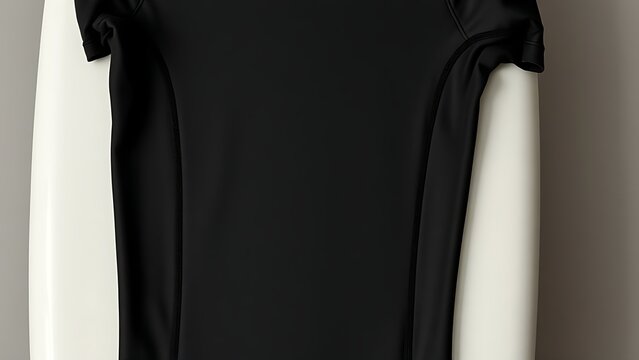 rashguard. A sleek black rashguard laid flat on a surfboard, showcasing matte texture and seams. lifestyle magazines, social media lookbooks, designed for influencer and brand collaborations.