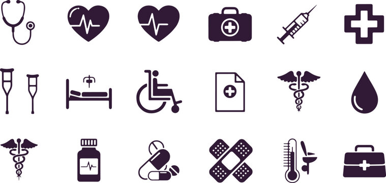 Healthcare icons set with crutches hospital bed wheelchair patient record and caduceus on transparent.