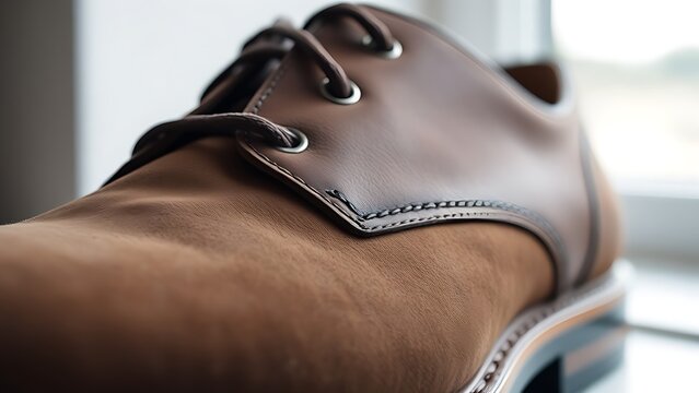 nubuck. Close-up of a single brown nubuck leather shoe with soft texture. lifestyle magazines, social media lookbooks, designed for lifestyle magazines and social media content, drives engagement.